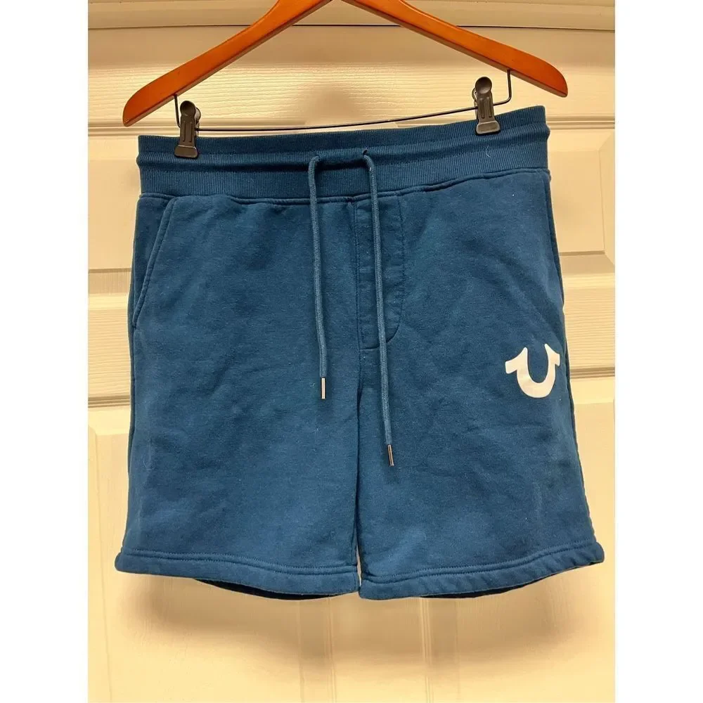 True Religion Mens Teal Logo Sweat Shorts sz S EUC